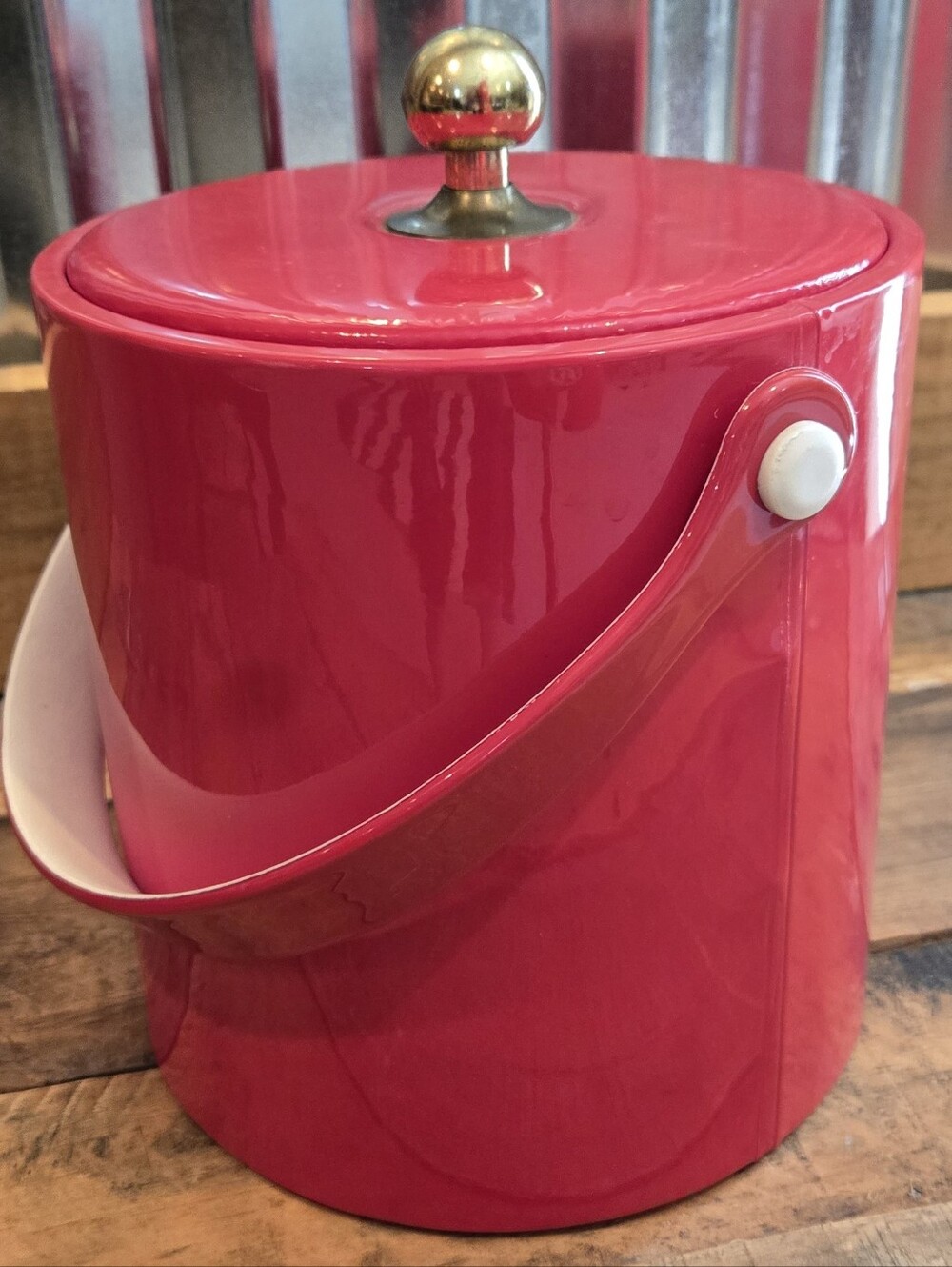Vtg Red Vinyl Ice Bucket Kraftware MCM Barware